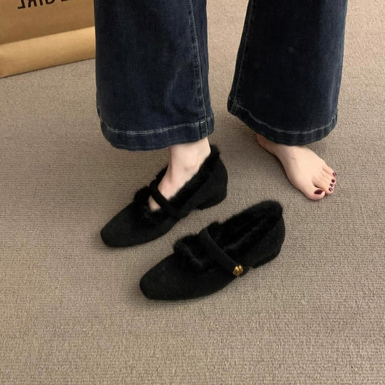 Damen Flauschige Hausschuhe mit dekorativem Riemen und luxuriösem Innenfutter EB