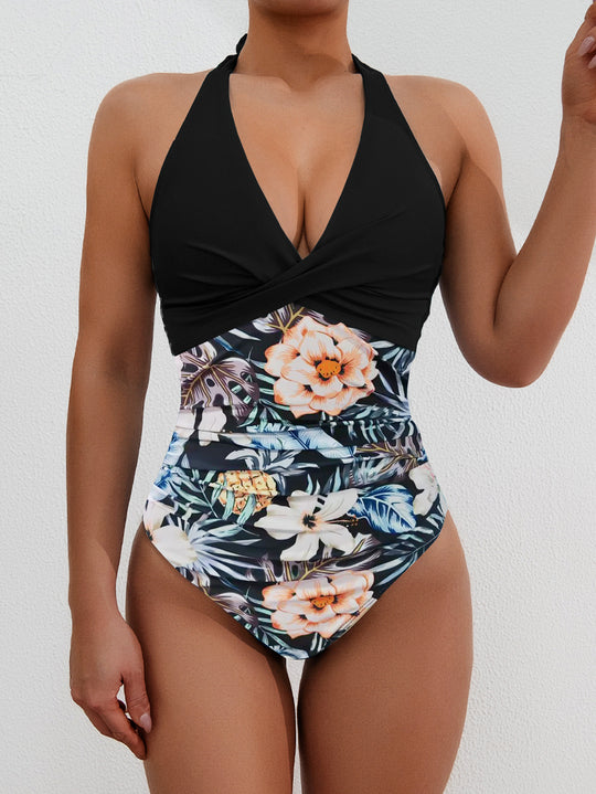 Damen Hochwertiger Einteiler-Badeanzug mit floralem Schnitt und raffiniertem Wickeldesign EB