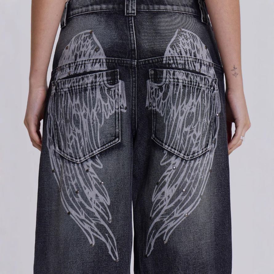 Damen weite Jeans mit kunstvollem Flügel-Design und einzigartigen Details EB