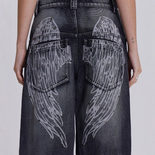 Damen weite Jeans mit kunstvollem Flügel-Design und einzigartigen Details EB
