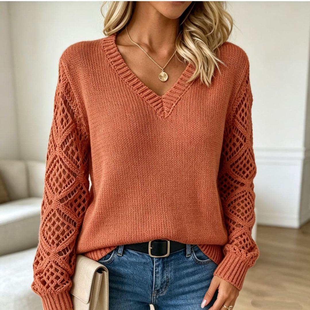 Damen Kuschelstrickpullover mit V‑Ausschnitt und Durchbruchärmeln EB