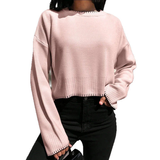 Damen lässiger Cropped Pullover mit feiner Rippstruktur und elastischem Bund EB