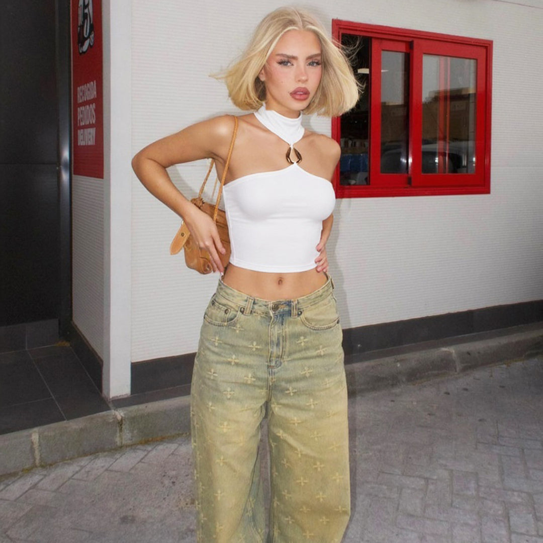 Damen Sportliches Crop-Top mit geschmackvollem Choker und dekorativem Detail EB