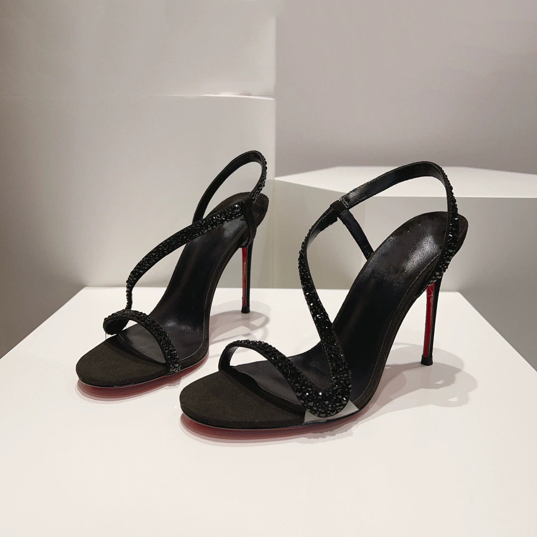 Damen elegante High Heel Sandalen mit funkelnder Strassverzierung EB