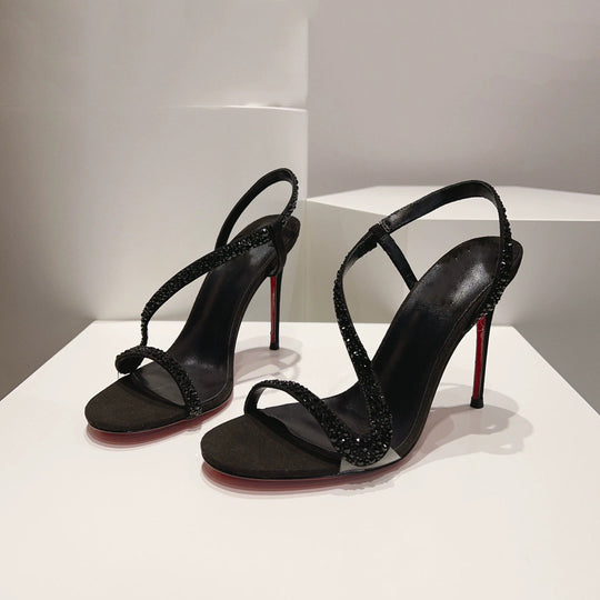 Damen elegante High Heel Sandalen mit funkelnder Strassverzierung EB