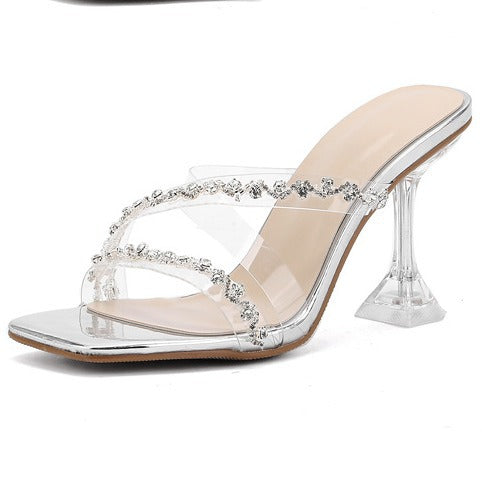 Damen Elegante glänzende Pantoletten mit transparentem Blockabsatz EB