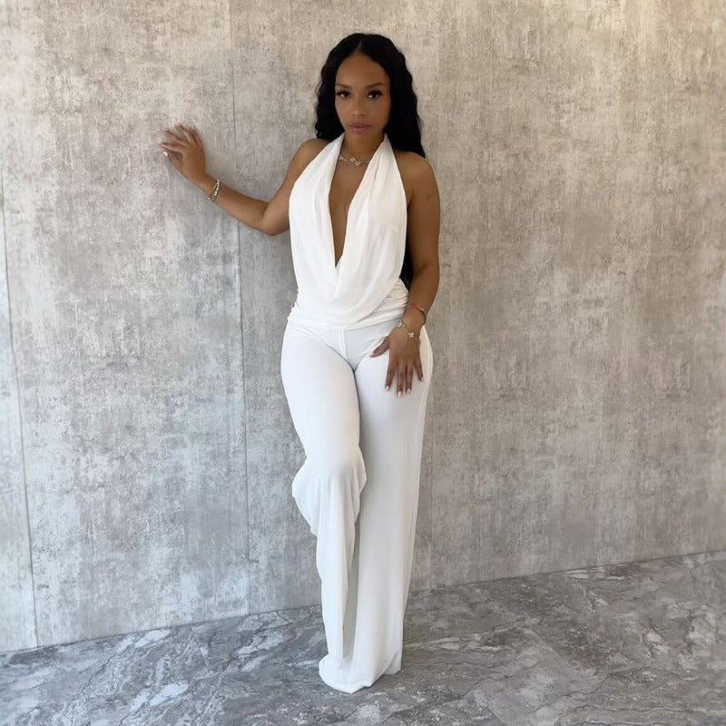 Damen Eleganter Deep-V Jumpsuit mit geschwungenem Rücken und weit geschnittenen Beinen EB