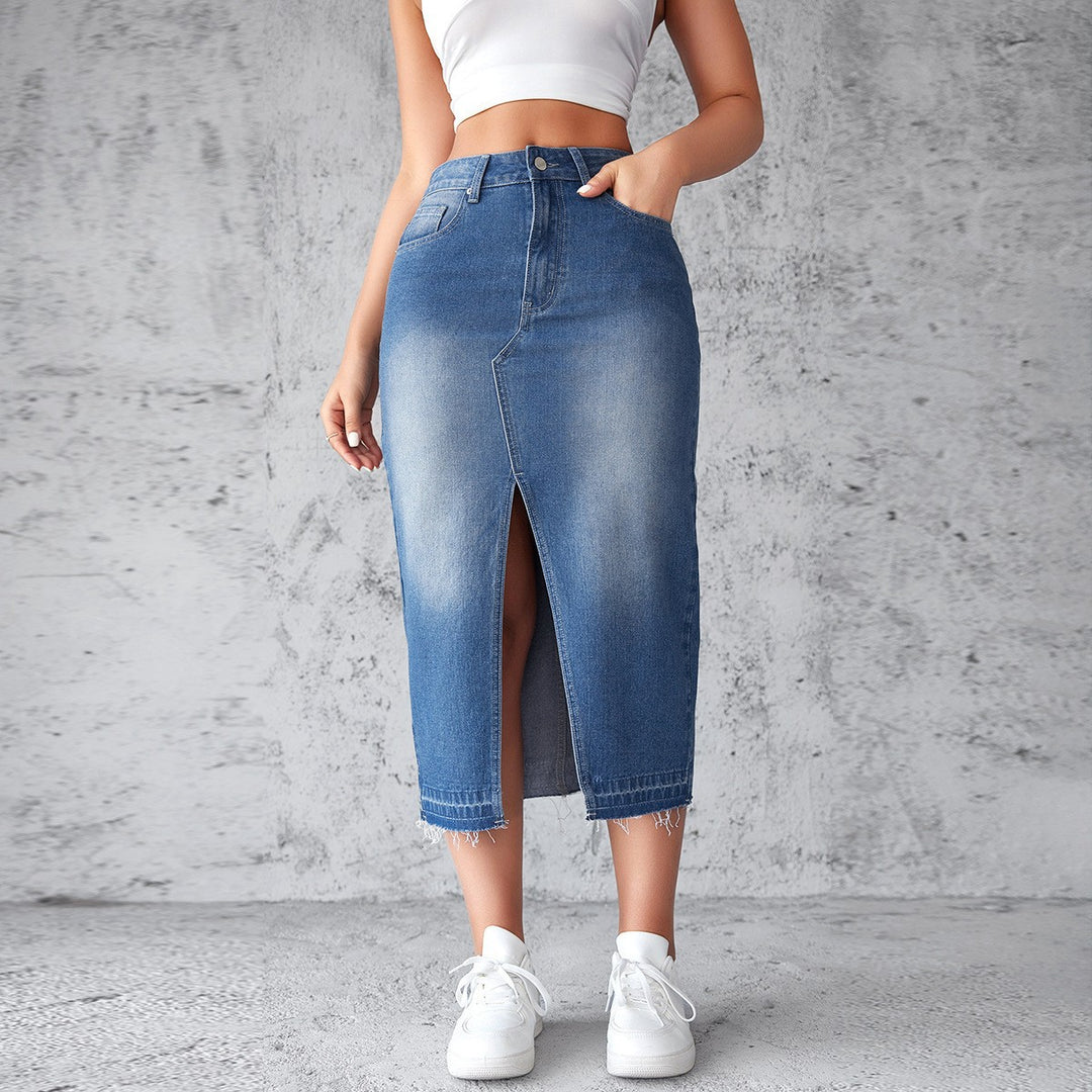 Damen Denim-Midirock mit hohem Schlitz und fransigem Saum EB