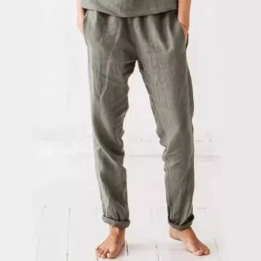 Damen lässige Leinenhose mit elastischem Bund und praktischen Taschen EB