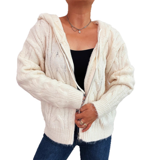 Damen kuschelige Grobstrickjacke mit Kapuze und Reißverschluss EB
