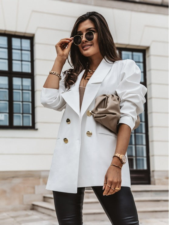 Damen eleganter Oversize-Blazer mit Taschen und Knopfdetails EB