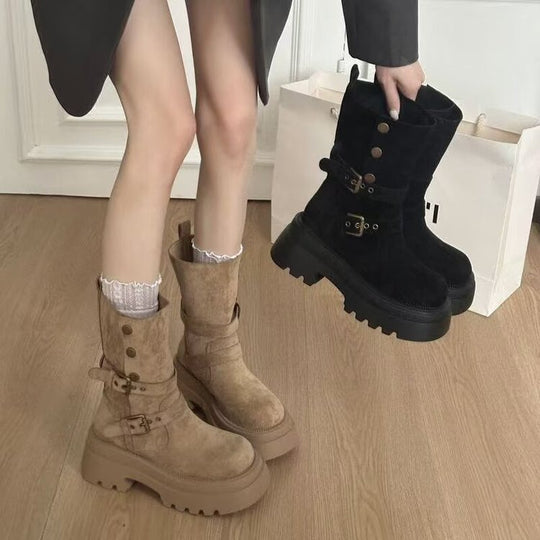 Damen Bequeme und modische Chunky Stiefeletten mit Schnalle und Profilsohle EB