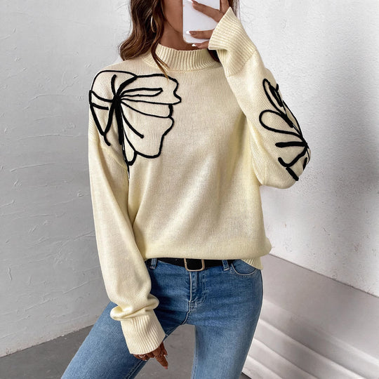 Damen modischer Strickpullover mit floralen Akzenten und hochgeschlossenem Kragen EB