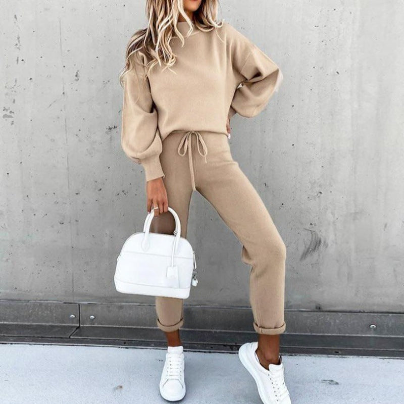 Damen Strick-Loungewear-Set mit Ballonärmeln und taillierter Jogginghose EB