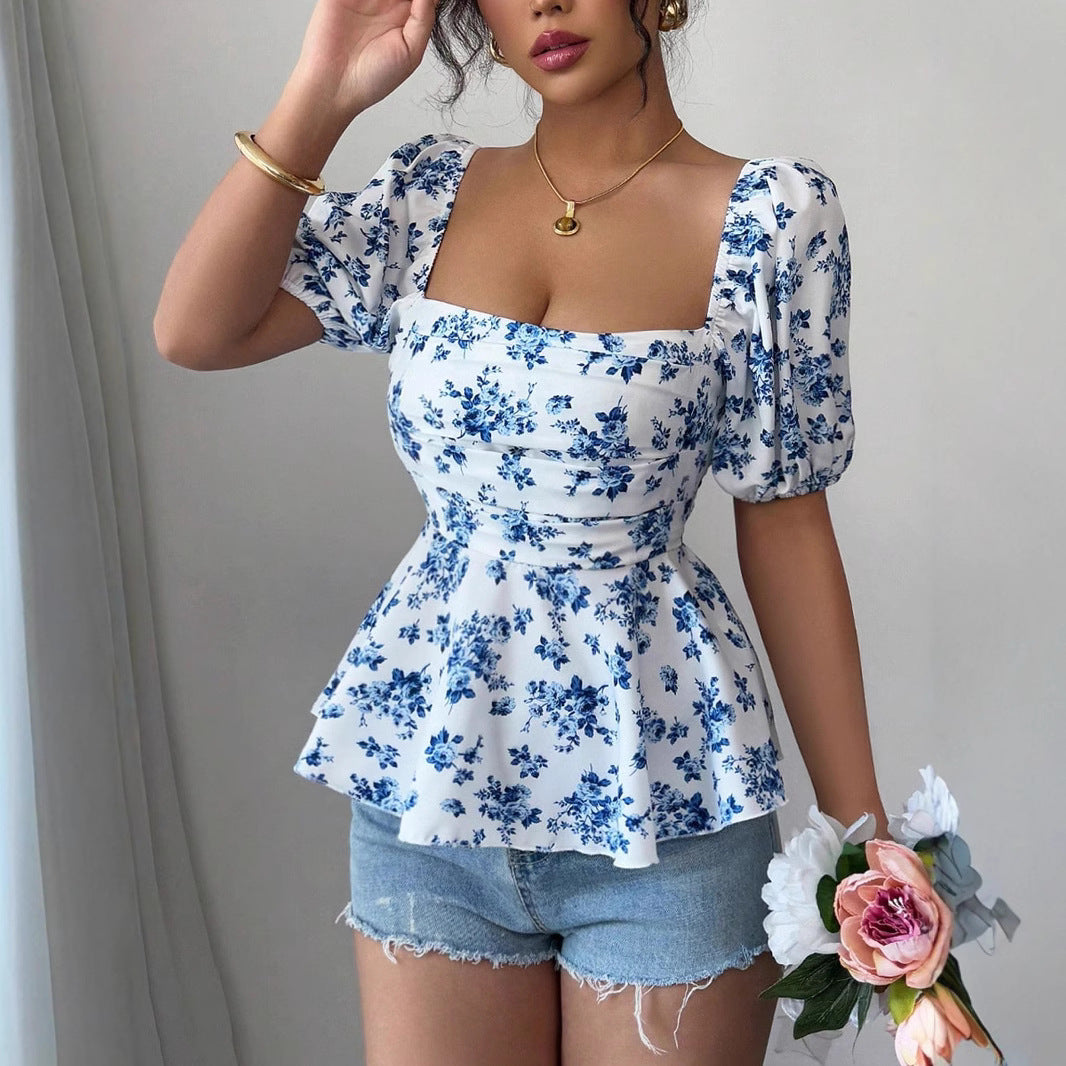 Damen Raffiniertes Oberteil mit Puffärmeln und floralem Design EB