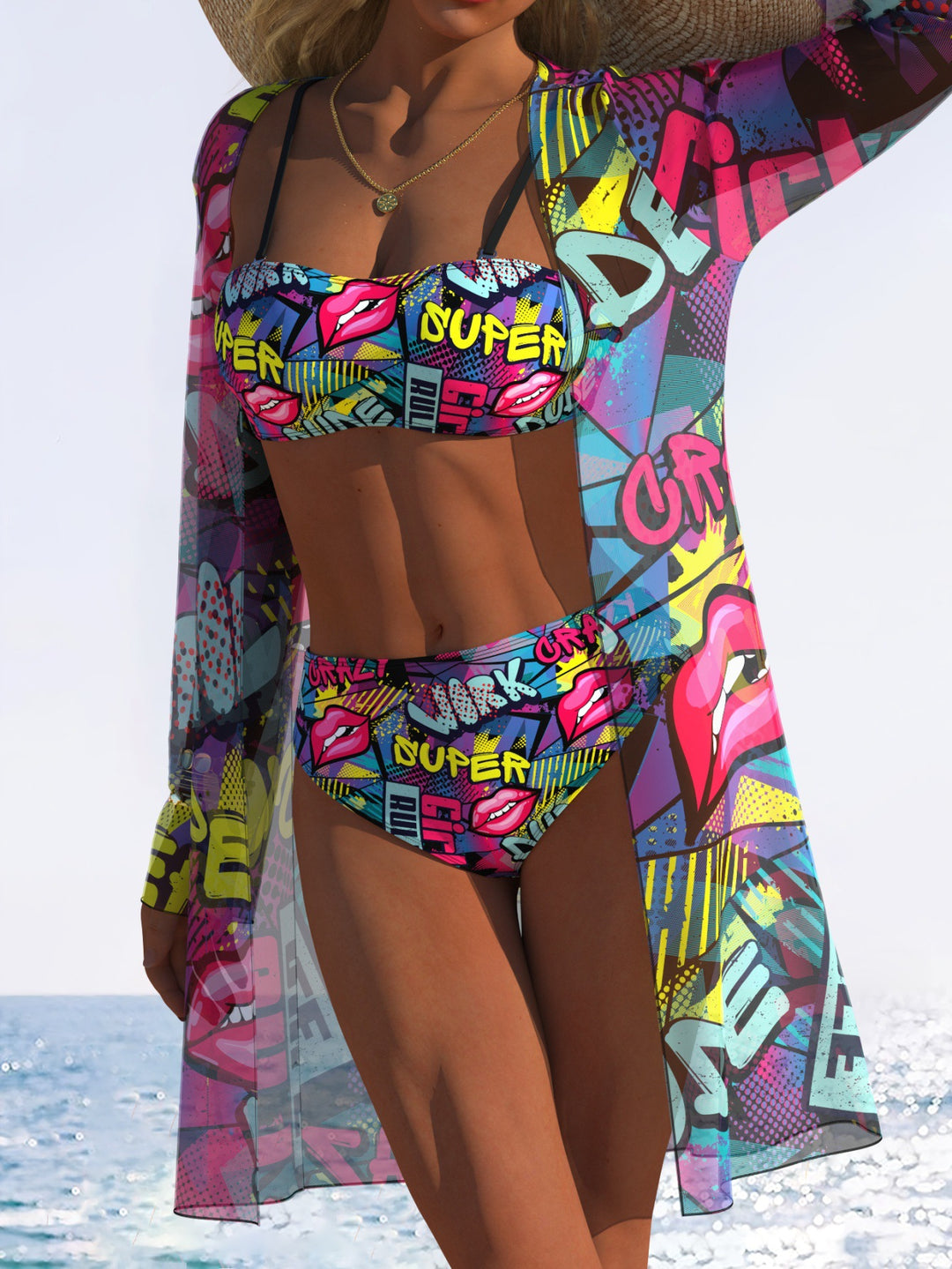 Damen Bikini-Set mit floralem Design und transparenter Strandjacke EB
