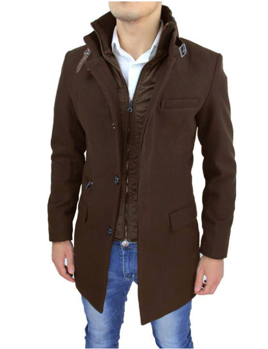 Herren modischer Wollmantel mit hohem Kragen und praktischen Details EB