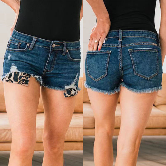 Damen Denim-Shorts mit Leoparden-Detail und modischem Destroyed-Effekt EB