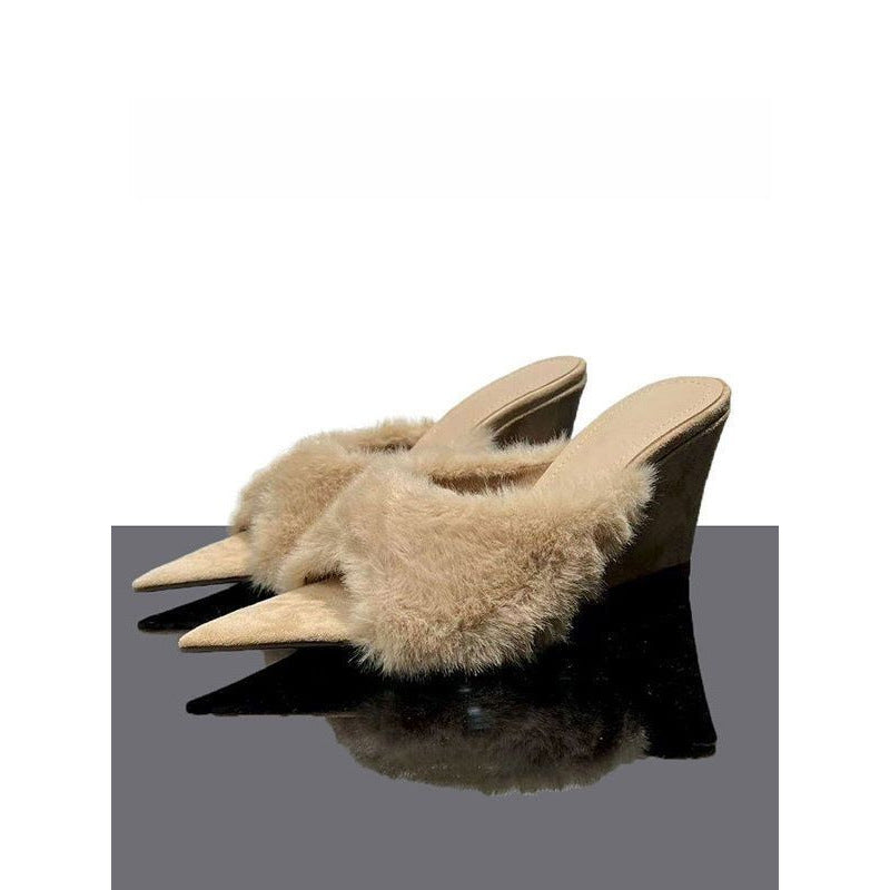 Damen elegante offene Mules mit flauschigem Besatz EB