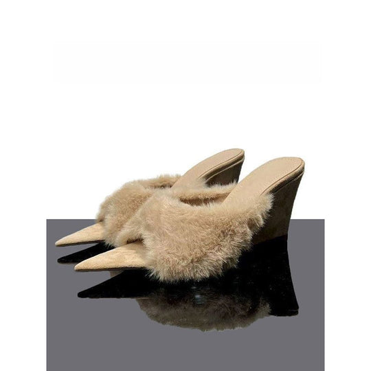 Damen elegante offene Mules mit flauschigem Besatz EB