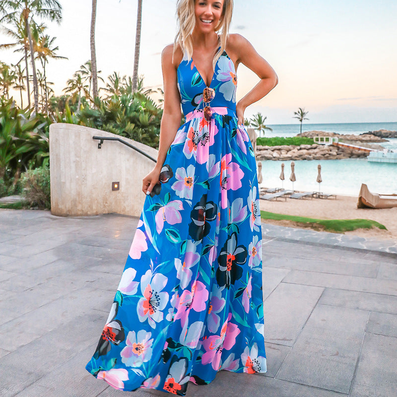 Damen Maxi-Kleid mit tiefem V-Ausschnitt und floralen Details EB