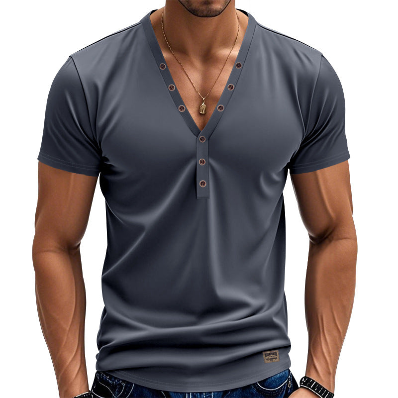 Herren nan tailliertes Kurzarm-Henleyshirt aus Baumwoll-Elasthan mit tiefem V-Ausschnitt und dekorativer Knopfleiste EB