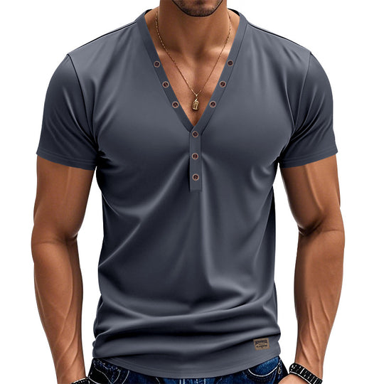 Herren nan tailliertes Kurzarm-Henleyshirt aus Baumwoll-Elasthan mit tiefem V-Ausschnitt und dekorativer Knopfleiste EB