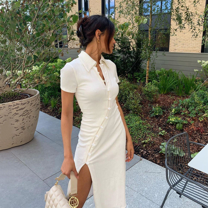 Damen figurbetontes Maxikleid mit Knopfleiste und Beinschlitz EB