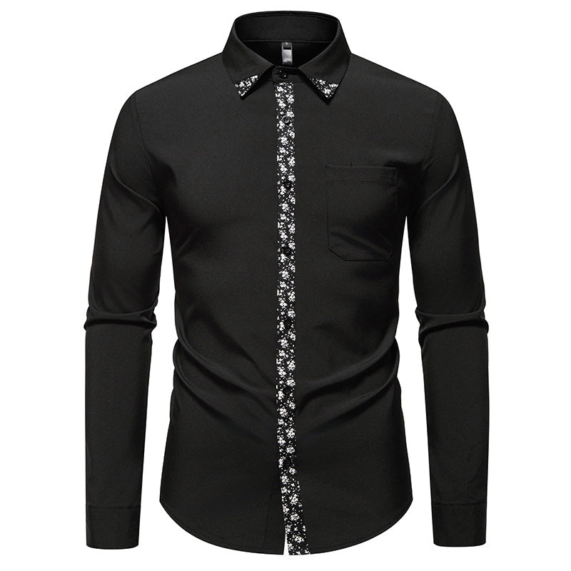 Herren elegantes Langarmhemd mit floralem Kragen und Brusttasche EB