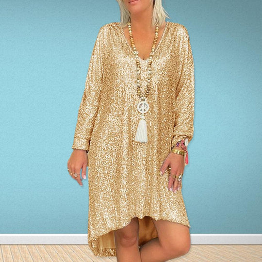 Damen Glitzerndes Oversized Kleid mit V-Ausschnitt und langen Ärmeln EB