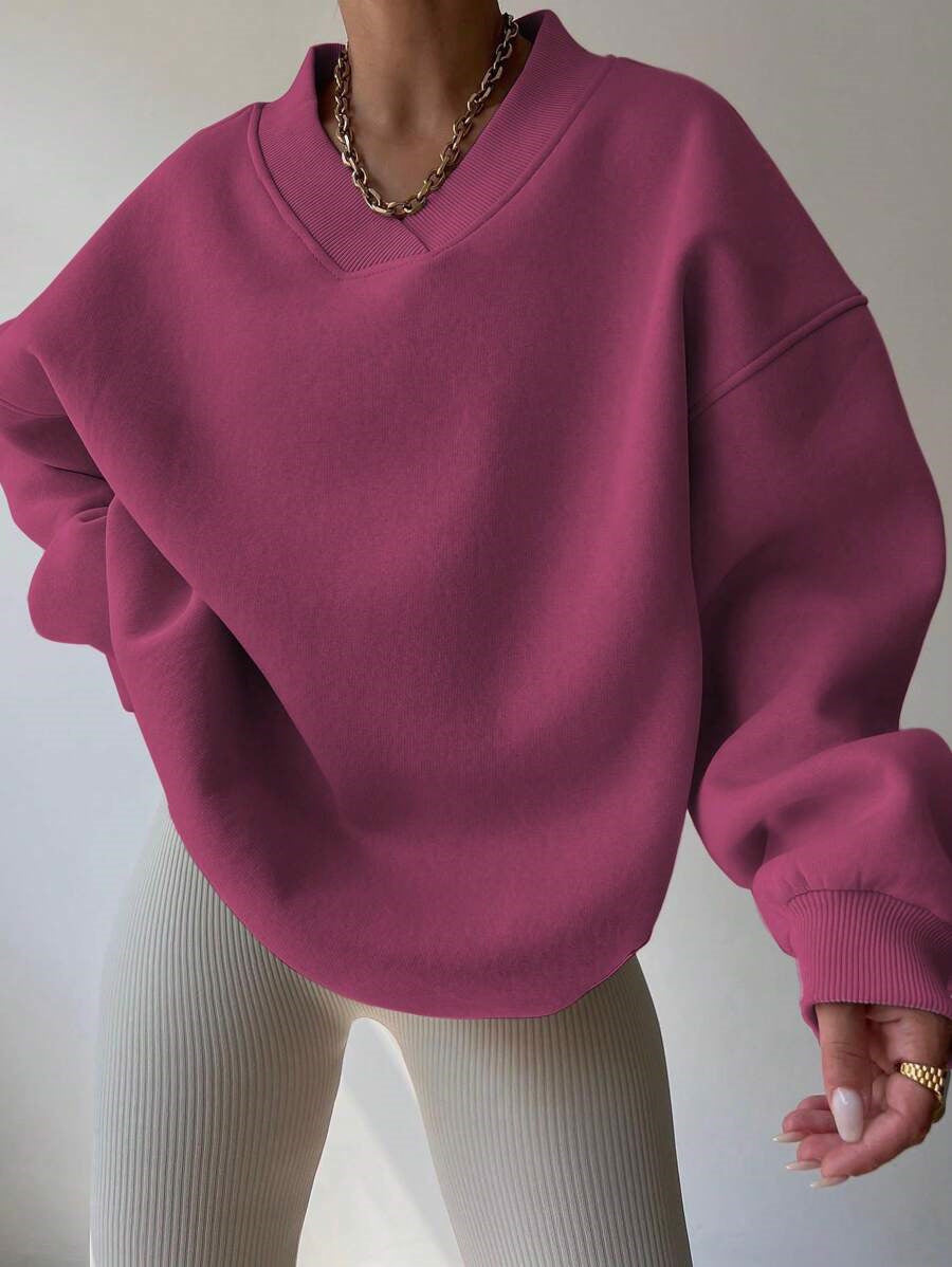 Damen Oversized V-Ausschnitt Sweatshirt mit verstärktem Rippkragen und extraweitem Cut EB