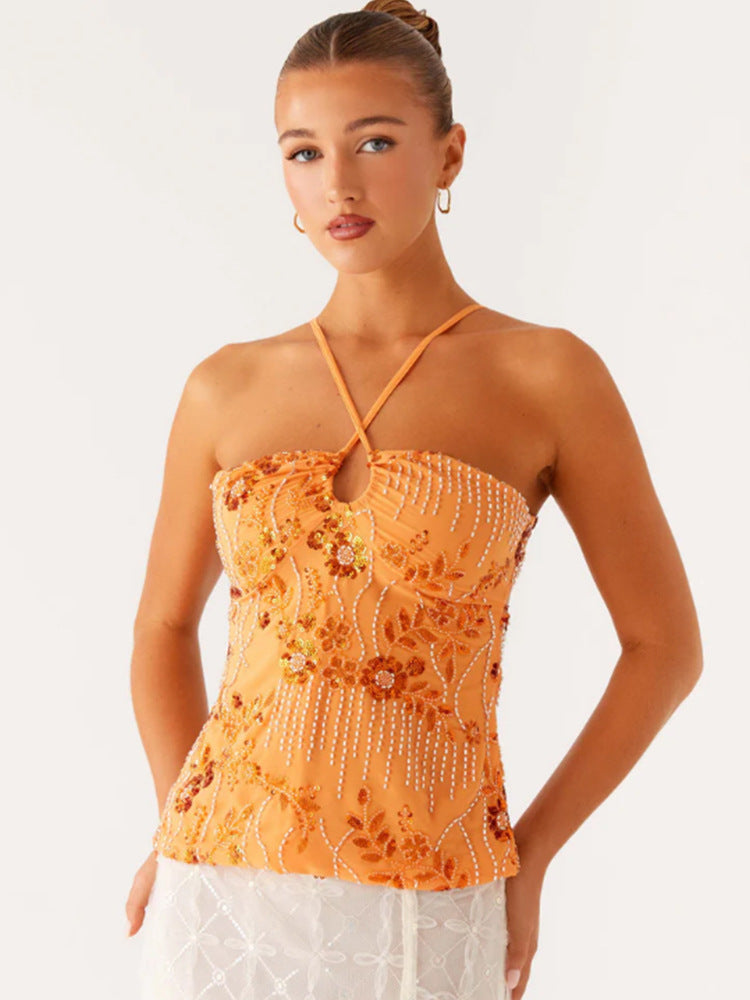 Damen Glitzerndes Bustier-Oberteil mit floralem Design und funkelnden Applikationen EB