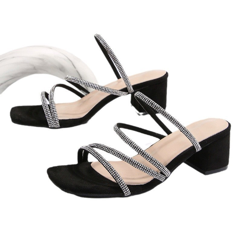Damen Elegante Sandalen mit funkelnden Riemen und blockiertem Absatz EB