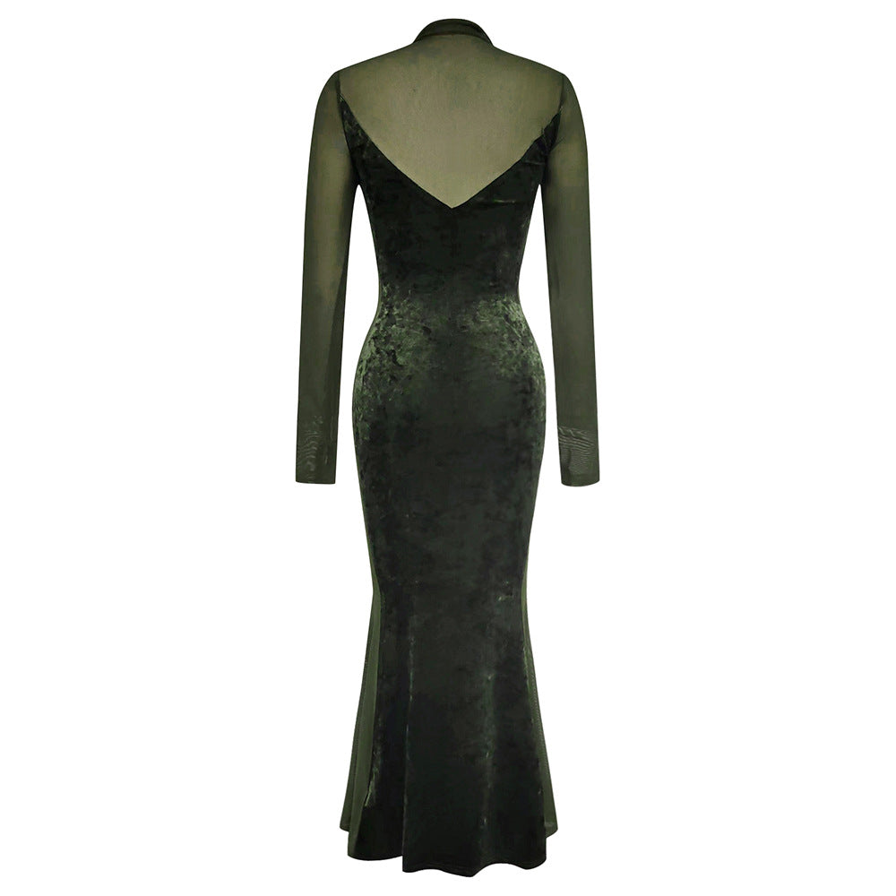 Damen Elegantes Samt-Maxi-Kleid mit transparenten Ärmeln und schickem V-Ausschnitt EB