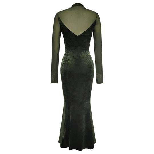 Damen Elegantes Samt-Maxi-Kleid mit transparenten Ärmeln und schickem V-Ausschnitt EB
