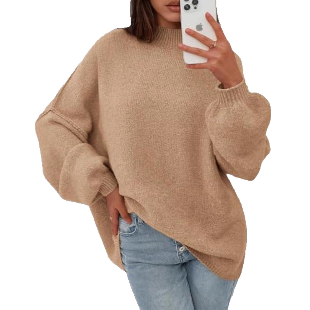 Damen Oversize-Strickpullover mit Stehkragen und Ballonärmeln EB