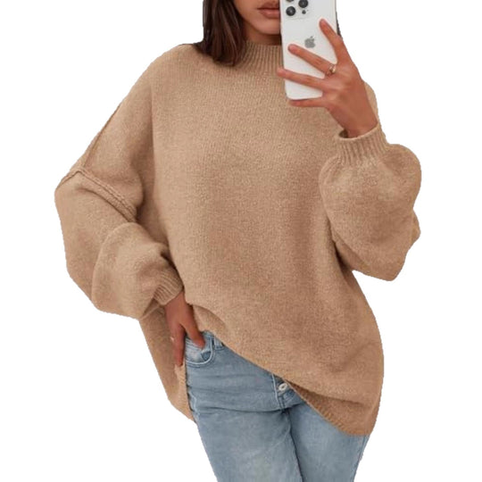 Damen Oversize-Strickpullover mit Stehkragen und Ballonärmeln EB