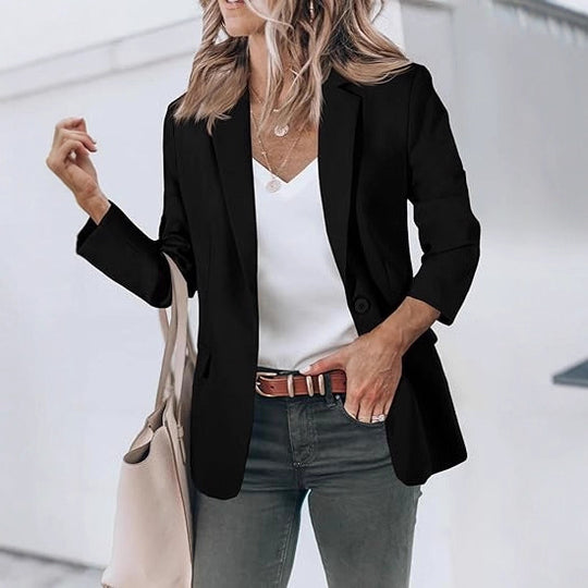Damen Leichter Stretch-Blazer mit Schalkragen, Ein-Knopf-Verschluss und dreiviertelärmeln EB