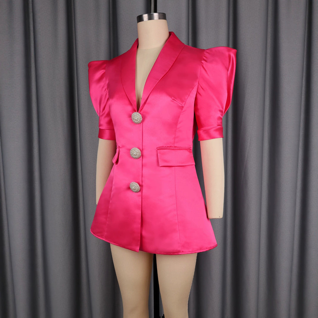 Damen Elegantes Blazer-Kleid mit Puffärmeln und Glitzerknöpfen EB