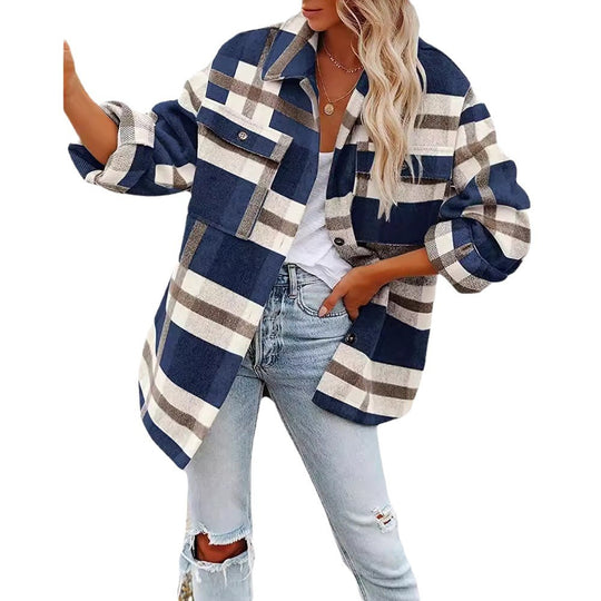 Damen Flanell Overshirt mit kariertem Muster und praktischen Brusttaschen EB