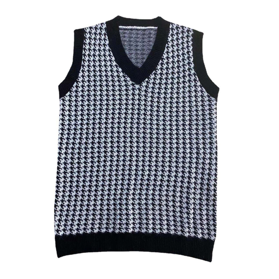 Damen Lässiger Strickpullover mit V-Ausschnitt und Hahnentrittmuster EB