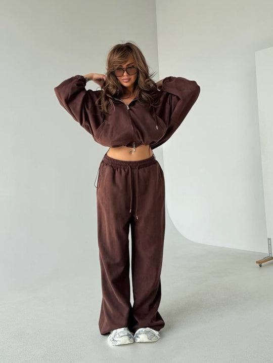 Damen Velours-Cropped-Kapuzenjacke mit Ballonärmeln und weiter Palazzo-Sweathose EB