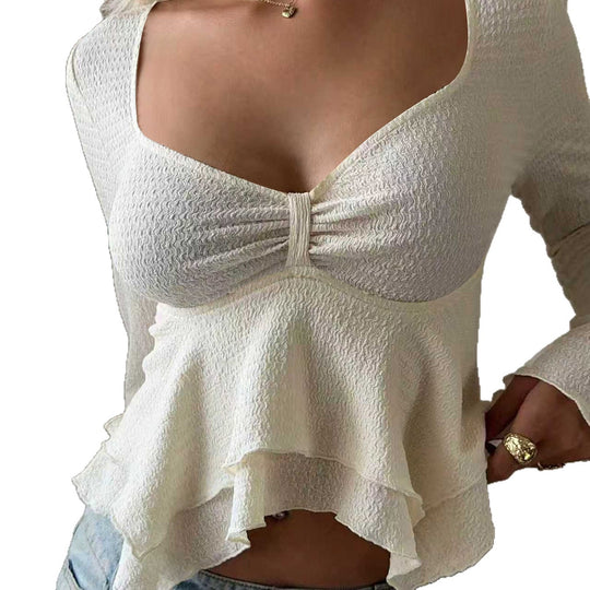 Damen Crop-Top mit Rüschen und langen Ärmeln EB