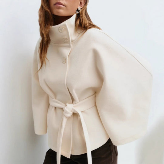 Damen Wollmantel im Cape‑Stil mit Stehkragen und Taillengürtel EB