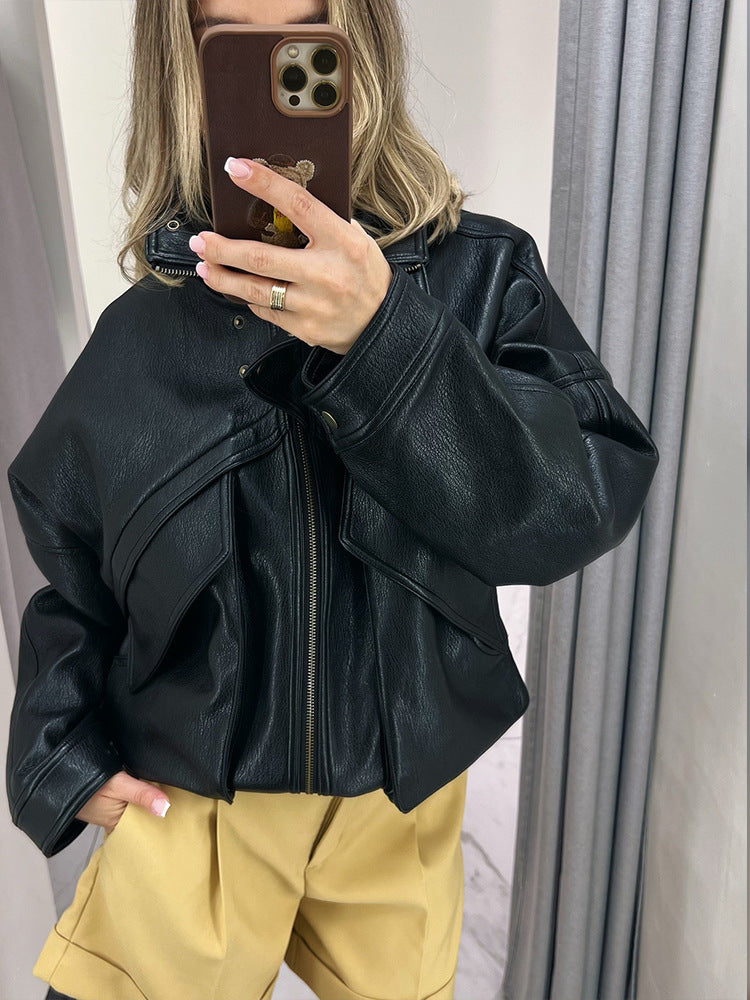 Damen Oversized Kunstlederjacke mit dekorativen Details EB