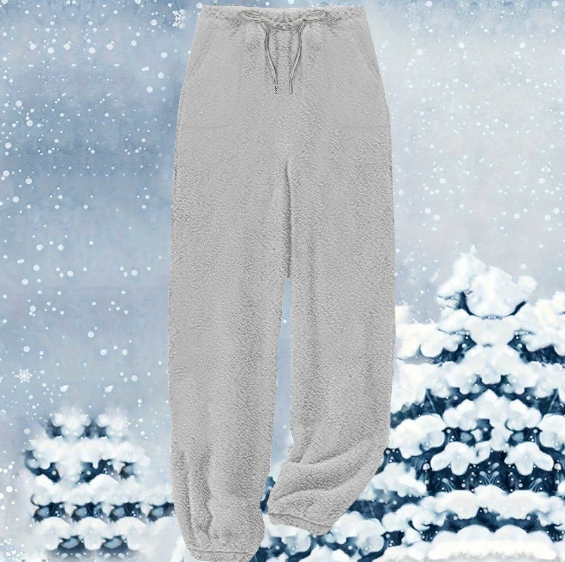 Damen nan kuschelige Sherpa-Fleece Loungehose mit Kordelzug, hoher Taille und elastischen Bündchen EB