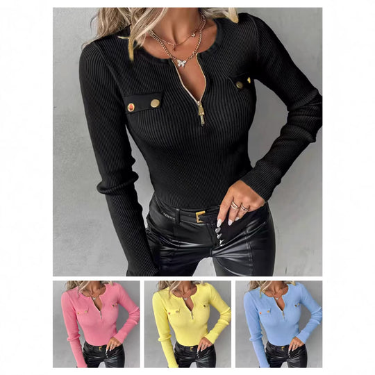 Damen Feinstrick-Longsleeve mit halbem Reißverschluss und Zierpatten EB