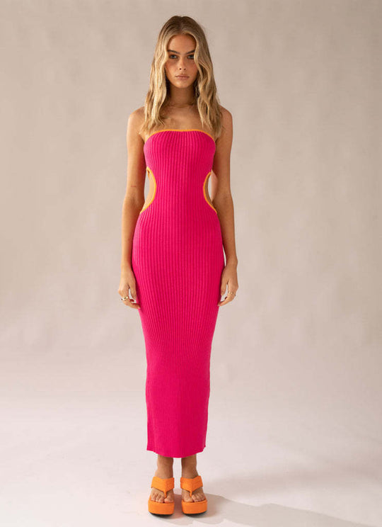 Damen elegantes Maxi-Kleid mit schulterfreiem Design und modischen Cut-Outs EB