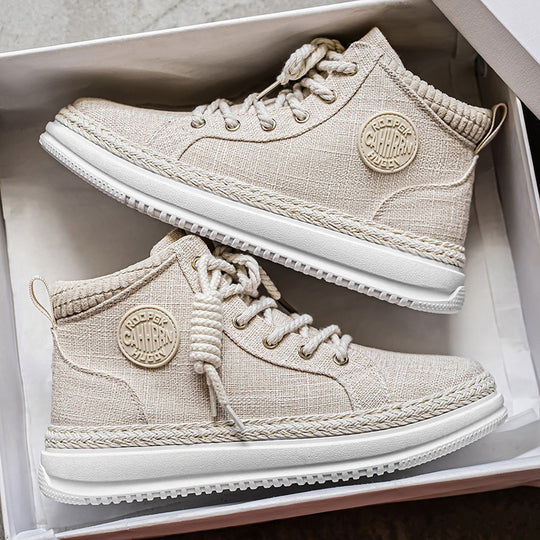 Damen hohe Freizeit‑Sneaker mit meliertem Textilobermaterial, geflochtener Jute‑Zierkante und gedämpfter Plateau‑Sohle EB