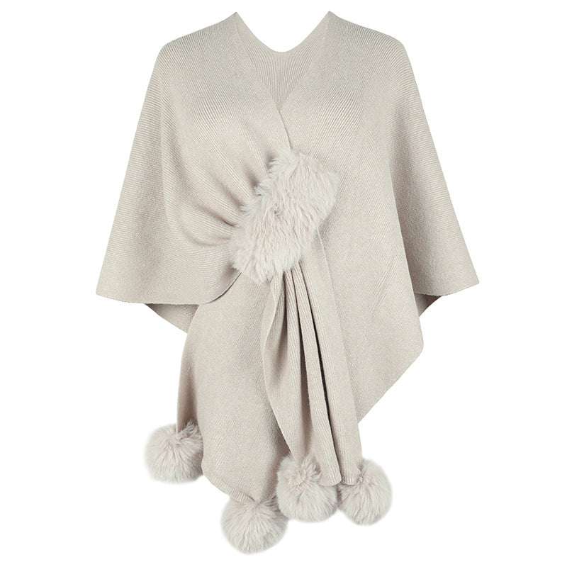Damen eleganter Poncho mit luxuriösem Kunstfellbesatz EB